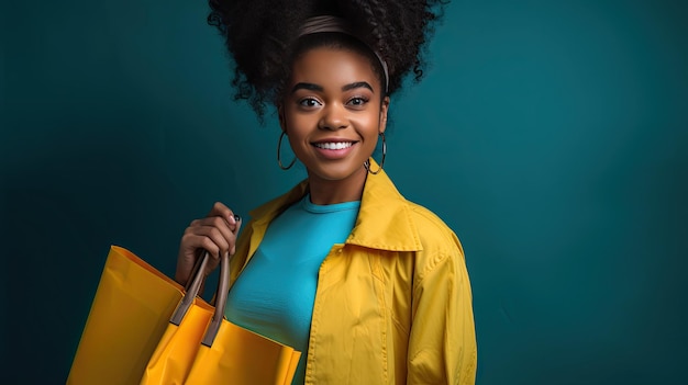 Cheerful lady with blue shopping bag