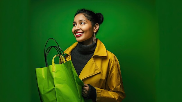 Cheerful Lady with Green Bag and Playful Attire