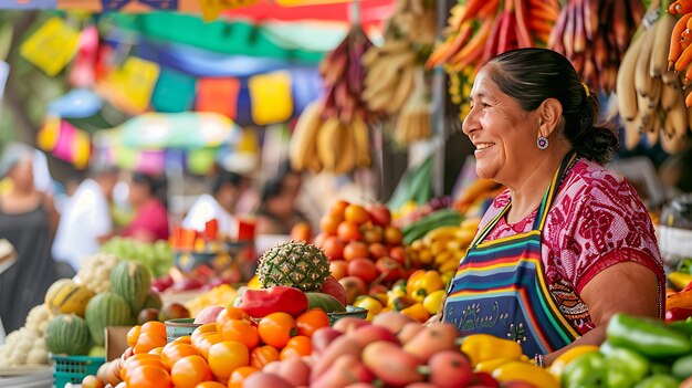 A cheerful Latin American woman wearing a colorful apron and traditional clothing stands in her market stall surrounded by an abundance of fresh frui