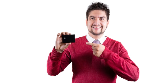 Cheerful latin man with credit card with red jacket businessman or entrepreneur on white background