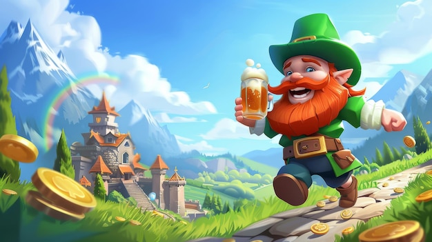 Cheerful Leprechaun With Beer Celebrating On A Path Of Gold Coins