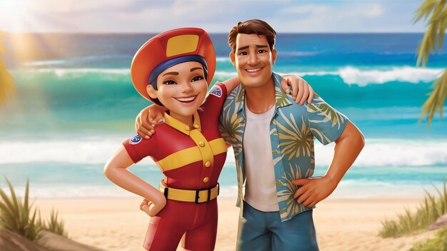 Cheerful lifeguard and sunburnt guy posing at the beach