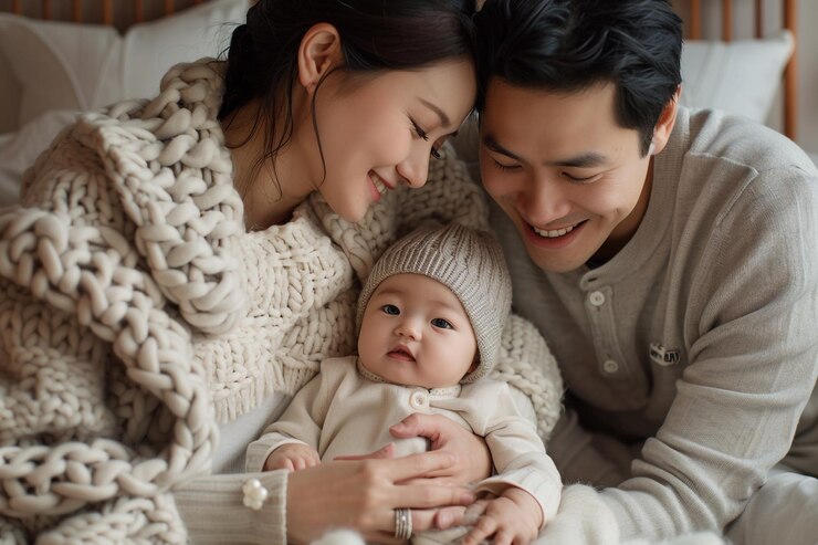 Cheerful Lifestyle Background Family of Three in Soft Clothing with Taupe for Vibrant Family Bonding