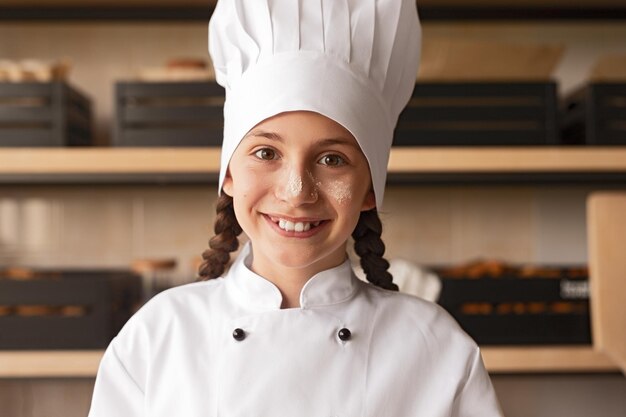 Cheerful little baker with dirty face