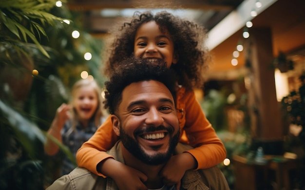 Cheerful little girl on daddy's back smiling Happy black family enjoying weekend