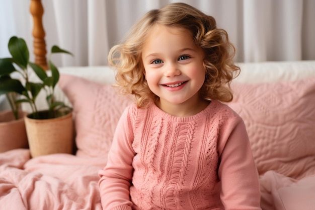 Фото Веселая девочка в светлой ткани сидит в яркой светло-розовой спальне с счастливой улыбкой счастье
