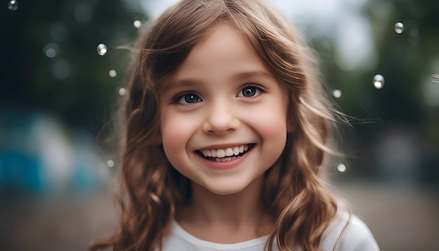 陽気な小さな女の子がカメラを見て雨の滴で微笑んでいる