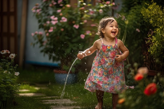 Cheerful little girl playing with watering can in the garden generative IA