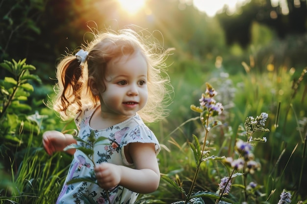 Photo cheerful little girl runs through a field with flowers summer outdoor activities for children