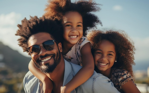 Cheerful little girl sitting on father's shoulder playing Happy black family enjoying weekend