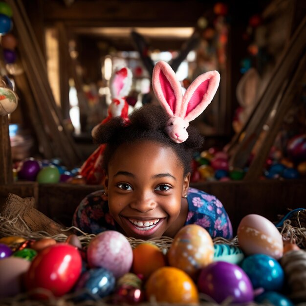 A cheerful little girl wearing a bunny ear headband surrounded by Easter eggs