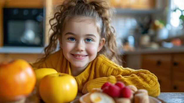 Cheerful little girl with a bright smile surrounded by fresh fruits in the kitchen