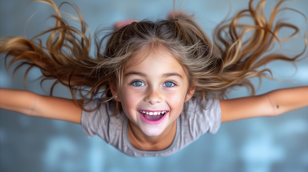 Cheerful Little Girl With Whimsical Hair MidAir