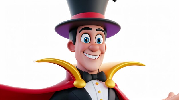 Cheerful magician in top hat and red cape 3D rendering