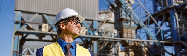 Cheerful male engineer using notebook outdoors at factory