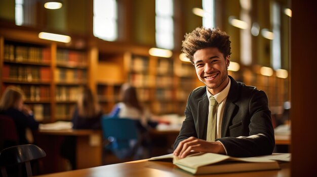 cheerful male student of Indian origin with a backpack amidst bookshelves in a university library