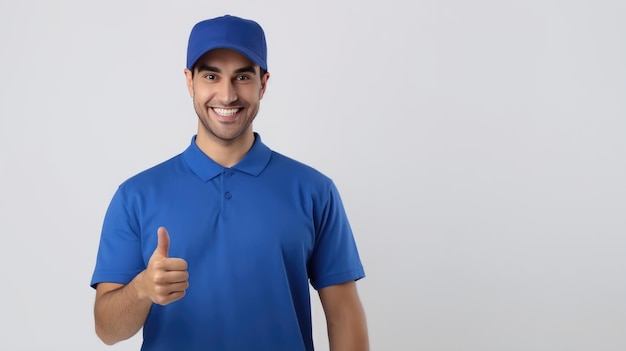 Cheerful man in a blue polo shirt and cap giving a thumbsup likely representing a friendly and approachable delivery service professional