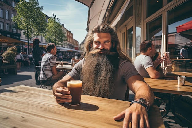 街でコーヒーを飲む陽気な男巨大なひげとスリッシュな服を着たヒップスターがカップを飲んでいます