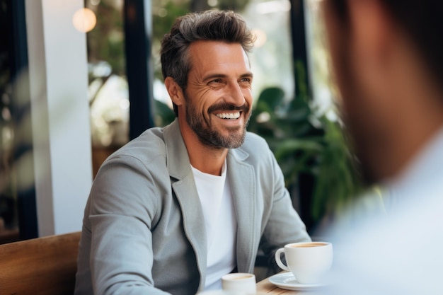 Photo cheerful man enjoying coffee talk casual elegance at urban cafe