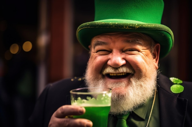 緑の服を着た陽気な男が緑のビールで聖パトリックの日を楽しんでいます