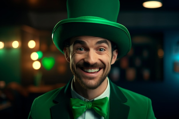 Веселый мужчина в зеленом костюме и шляпе ко Дню Святого Патрика. Типичный ирландец.