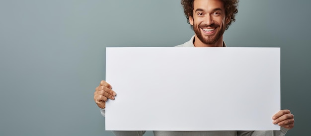 Cheerful man holding blank poster isolated on gray background