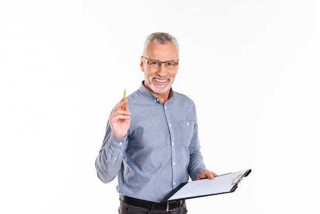 Cheerful man holding folder and smiling