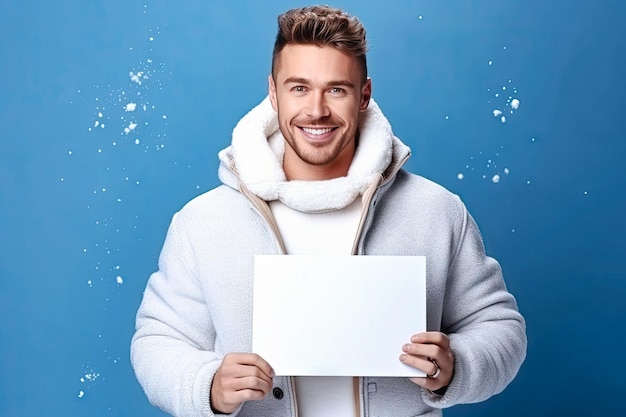 Cheerful man holding a white banner