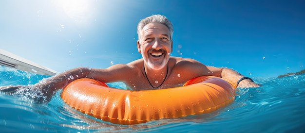 Cheerful man in pool with lifebuoy Summer recreation by water swimming pool construction in hotels and houses