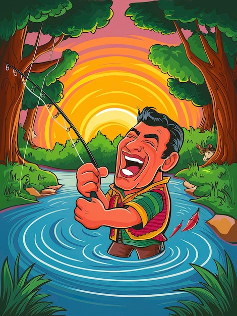 Photo cheerful man screaming while fishing in river against sky at forest