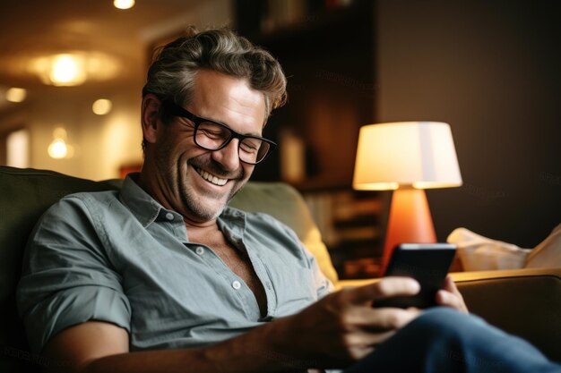 Foto uomo allegro che sorride felicemente usando lo smartphone per riposare