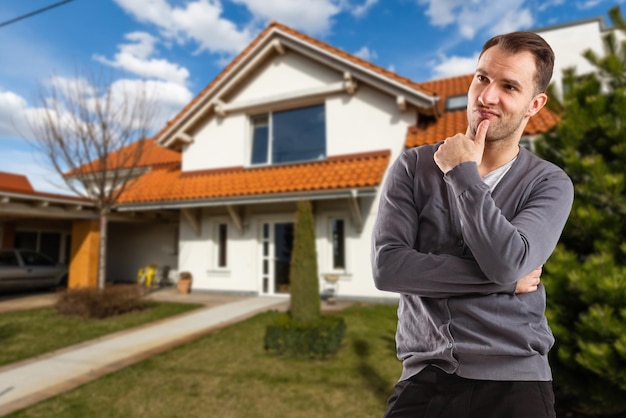 Cheerful man standing in front of new house.