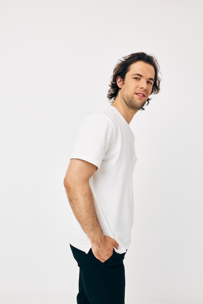 Cheerful man in white tshirt fashion cropped view isolated background