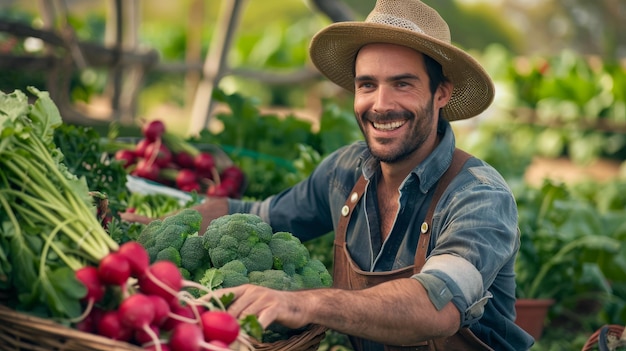 A cheerful man with a beaming smile holds a basket filled with vibrant radishes