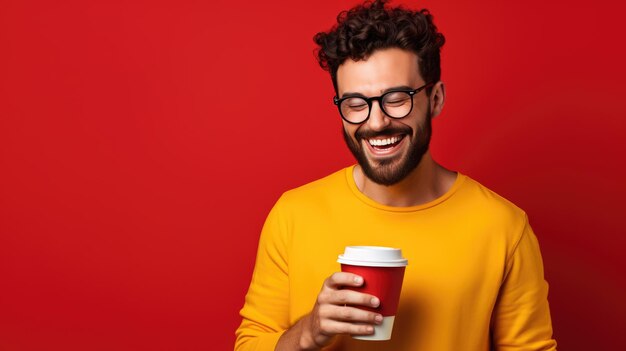 Cheerful man with a beard and eyeglasses holding a to go coffee cup with a joyful expression against a vibrant red background