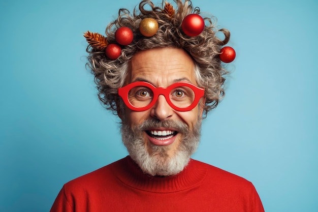 Cheerful man with curly gray hair wearing red glasses and a red sweater with Christmas ornaments in his hair