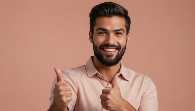 A cheerful man with a full beard gives a thumbs up wearing a light salmon shirt against a coral