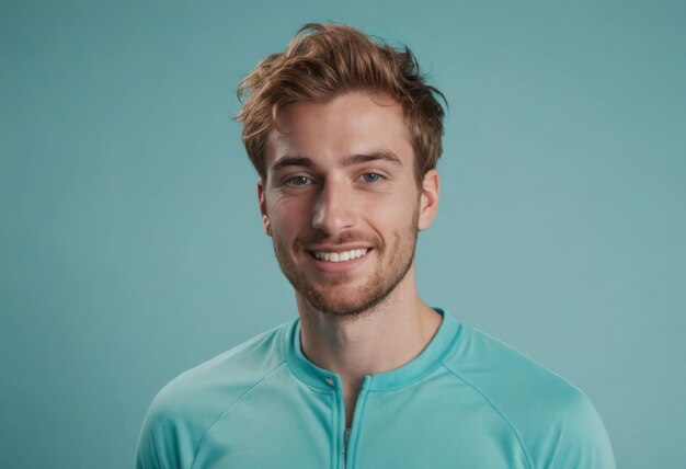 A cheerful man with ginger hair in a zippered top smiles brightly his casual sportswear and friendly