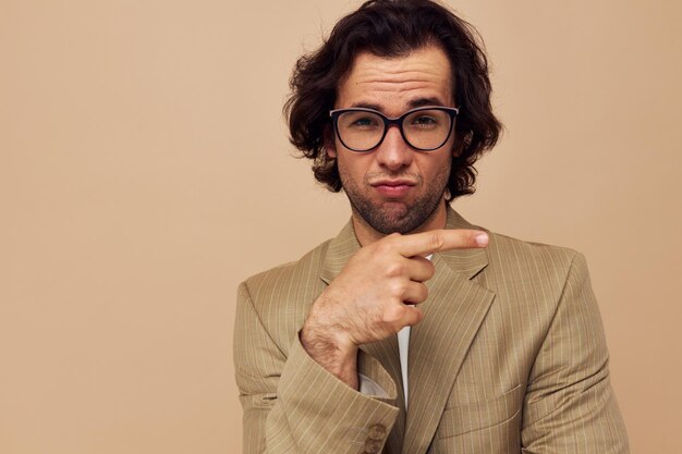 Cheerful man with glasses emotions gesture hands posing lifestyle unaltered