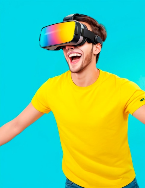 Photo cheerful man with neon vr glasses