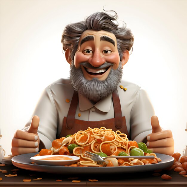 Photo cheerful man with a plate of pasta and vegetables 3d illustration