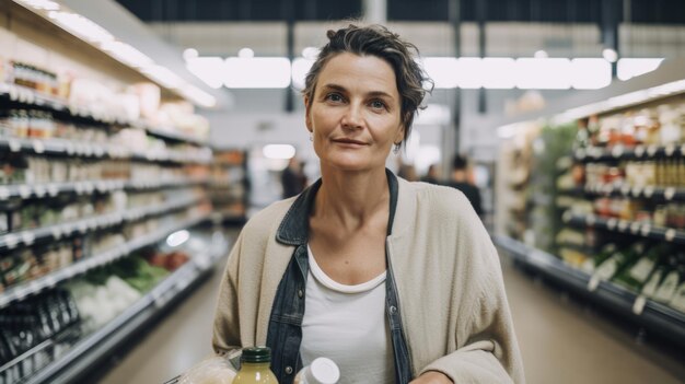 Foto donna matura allegra che tiene la borsa della spesa mentre guarda la telecamera in piedi nel supermercato