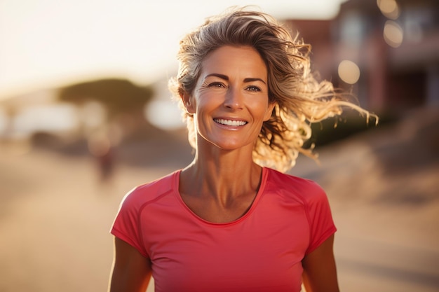 Cheerful mature woman running on sand beach