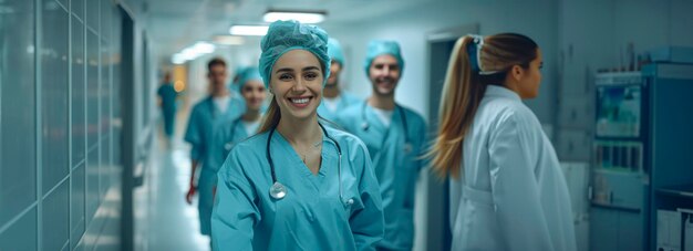 Photo cheerful medical professionals posing in hospital hallway group portrait