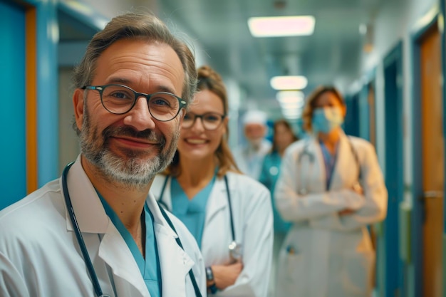 Веселая медицинская команда в коридоре больницы групповой портрет счастливых врачей