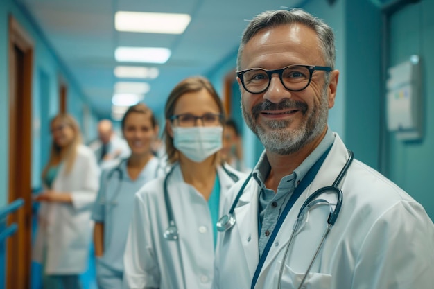 Cheerful medical team in hospital hallway group portrait of happy doctors