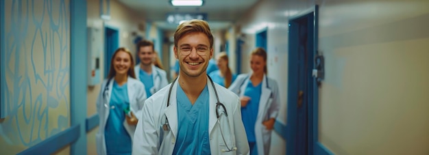 Cheerful medical team in hospital hallway professional portrait of doctors