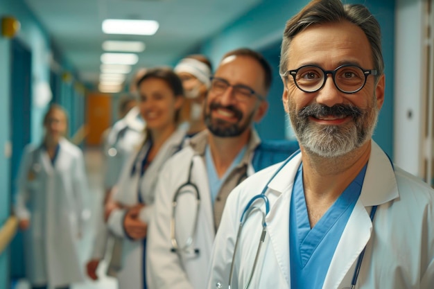 Веселая медицинская команда позирует в коридоре больницы профессиональный портрет врачей, улыбающихся вместе