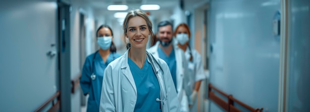 Веселая медицинская команда позирует в коридоре больницы профессиональный портрет врачей