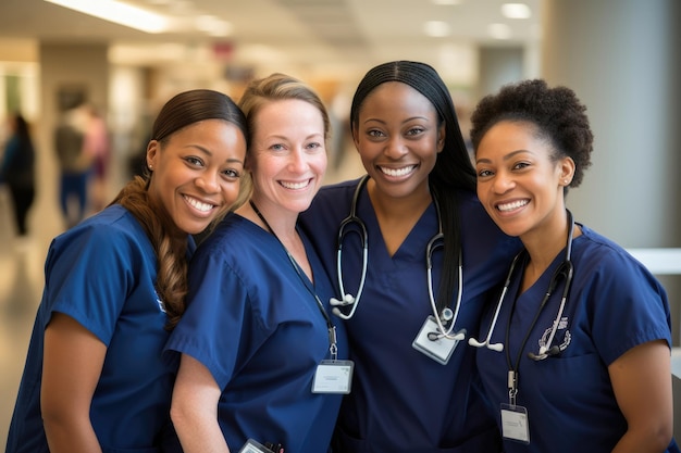 Foto un'allegra squadra medica in uniforme con distintivi di identificazione che incarnano il lavoro di squadra e la compassione nell'assistenza sanitaria